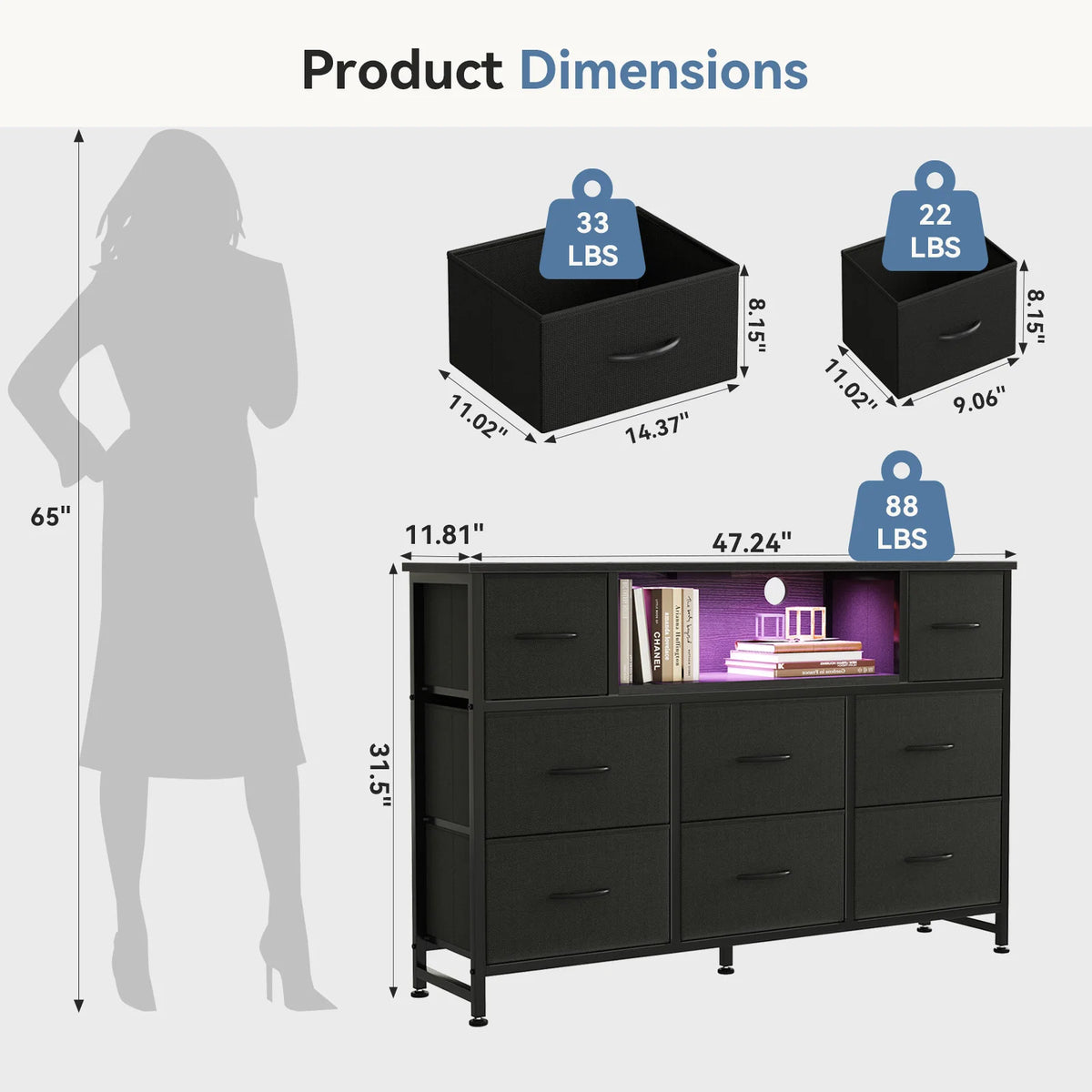 JHK LED TV Stand With Drawers And Charging Station