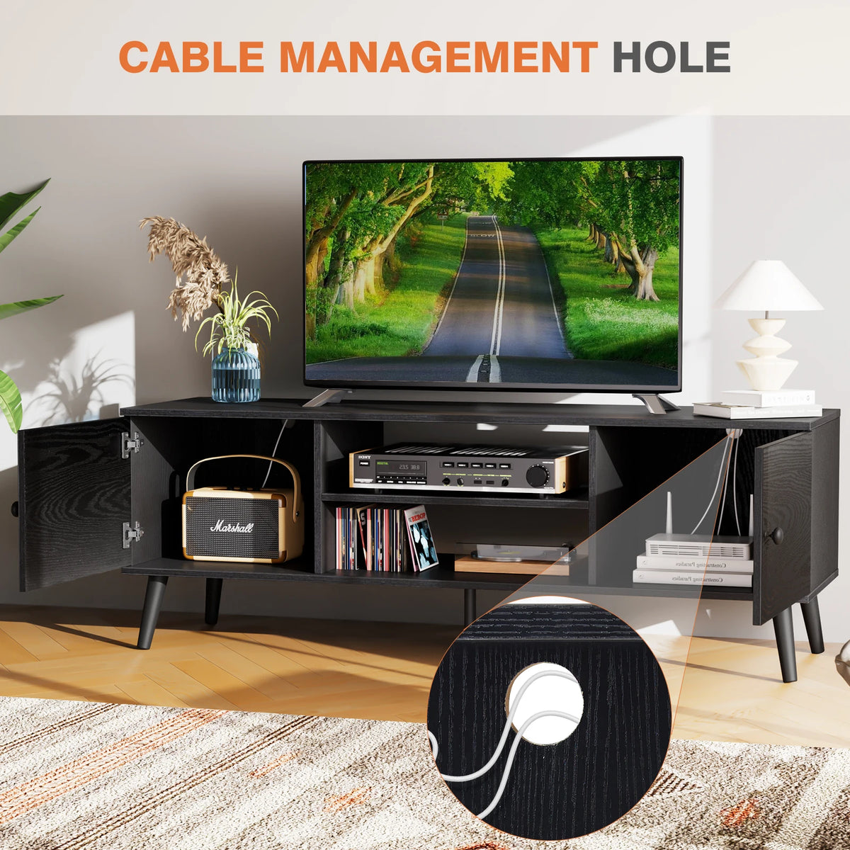 JHK Wooden TV Stand With Adjustable Storage Shelf