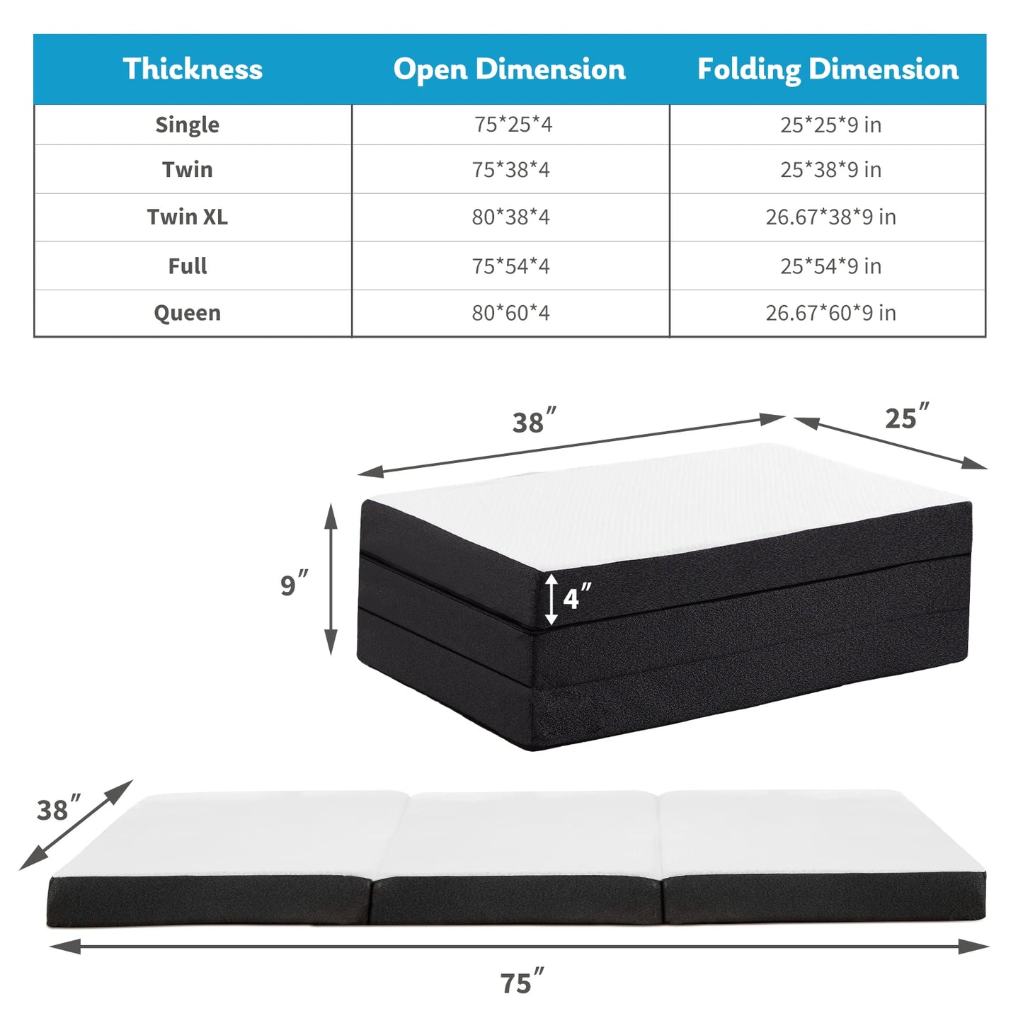 JHK Three Fold Portable Floor Bed With Memory Foam
