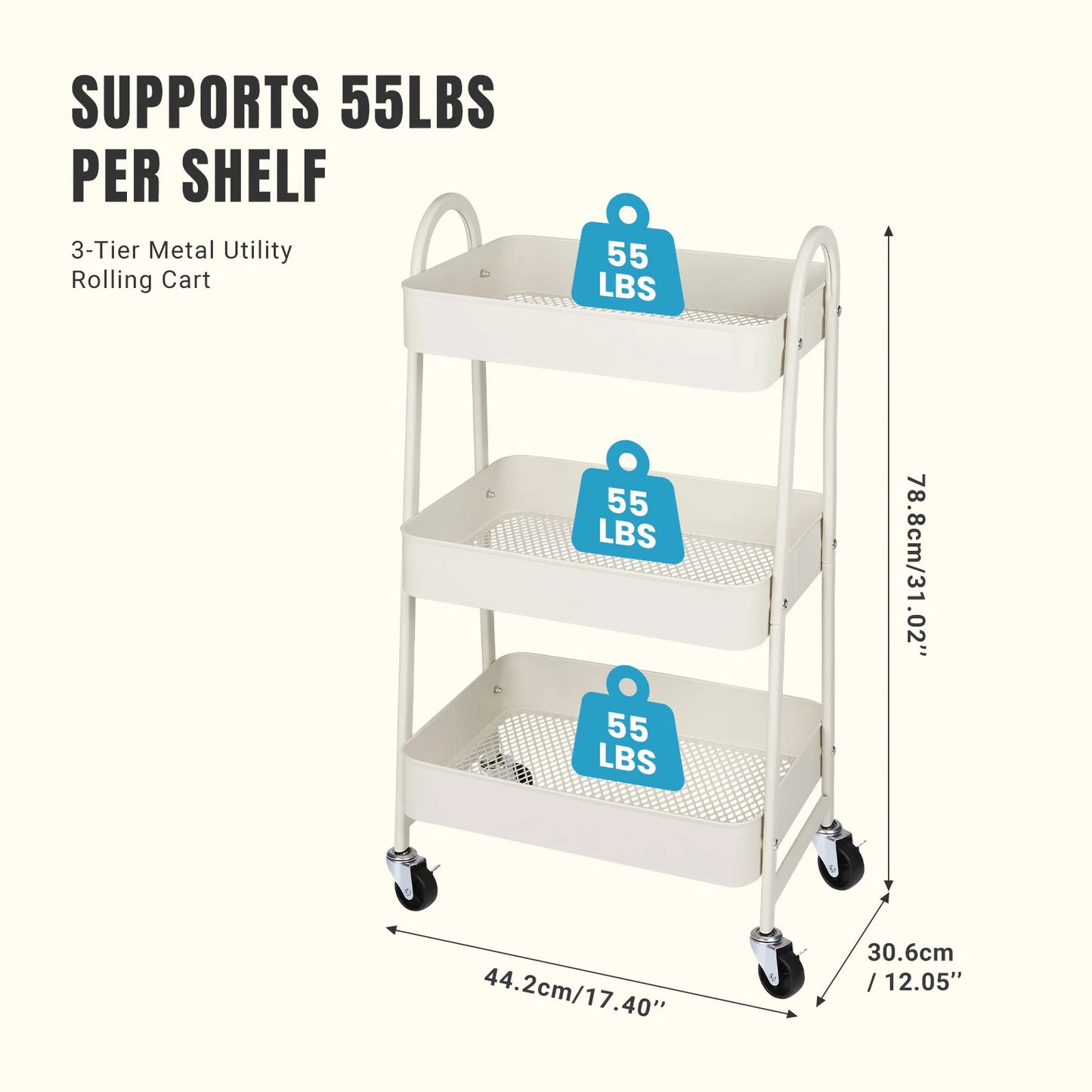 JHK 3 Tier Metal Kitchen Cart With Lockable Wheels