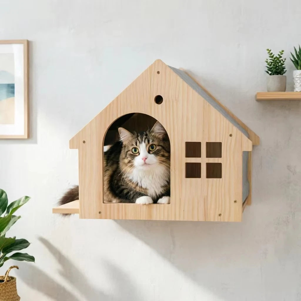 Wall Mounted Cat Condo Villa Wooden Shelf For Cats