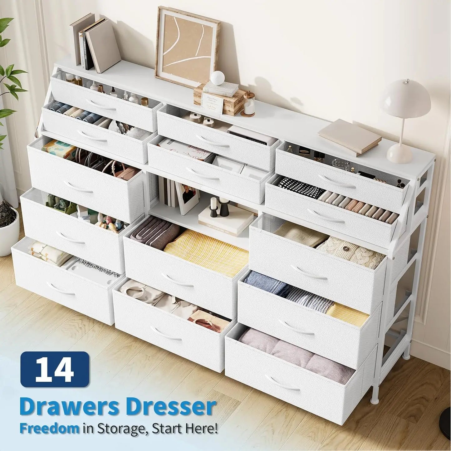 TWISTER.CK 14 Drawer Dresser With Wooden Top For Bedroom
