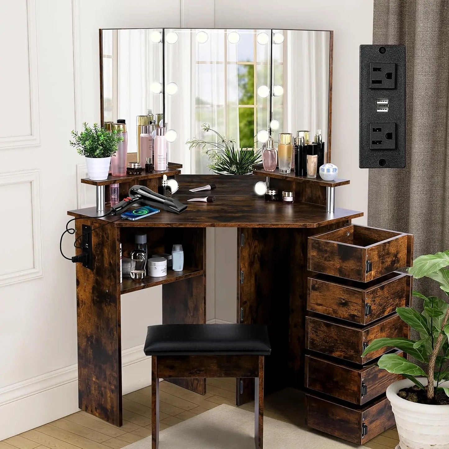 MOYU Vanity With Lights Makeup Desk With Power Outlet