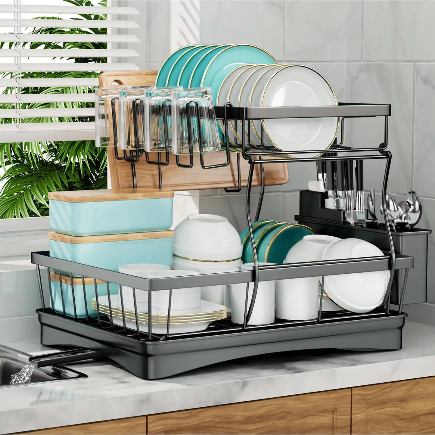 Two Tier Dish Drying Rack For Kitchen Countertop