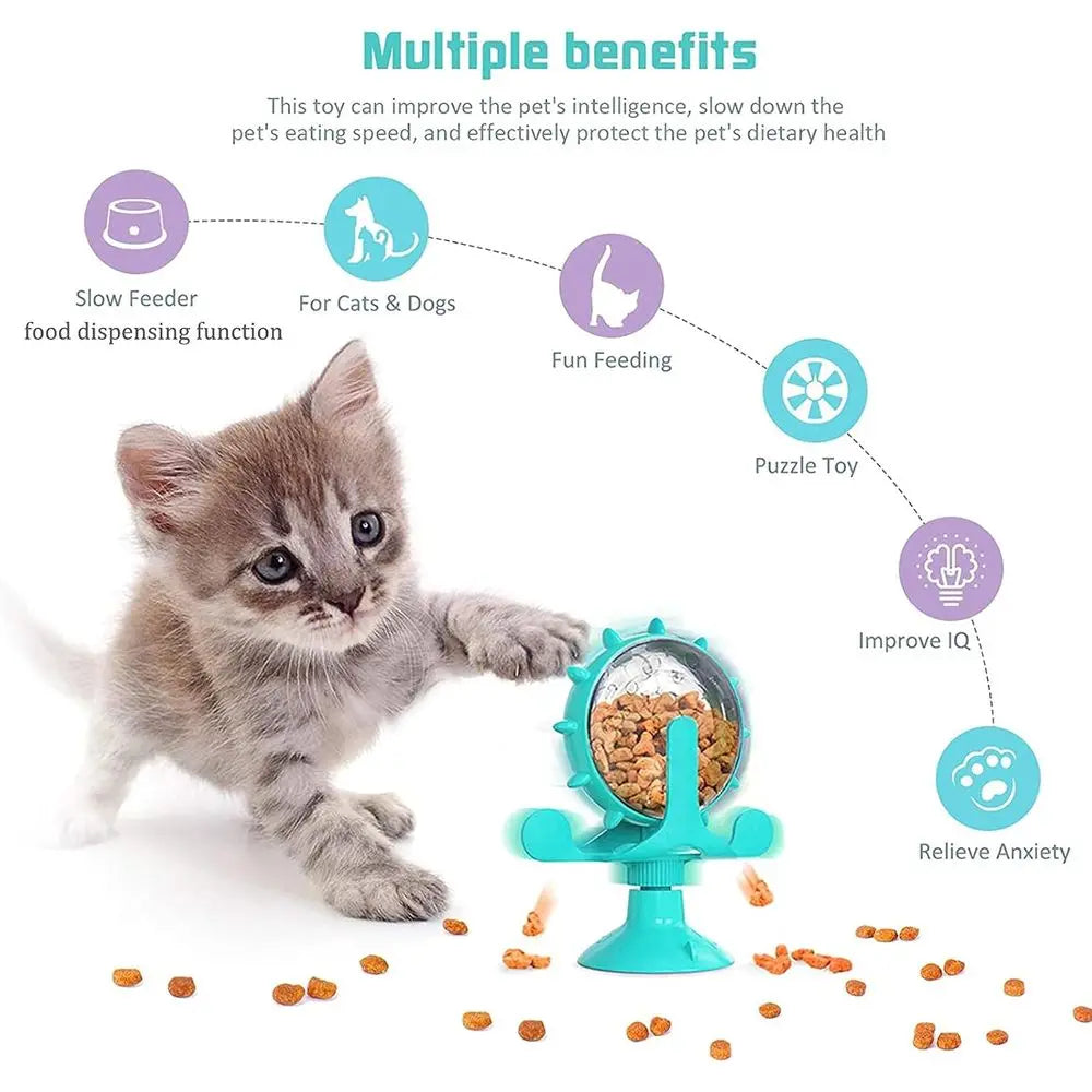 Interactive Cat Treat Dispenser With Suction Windmill