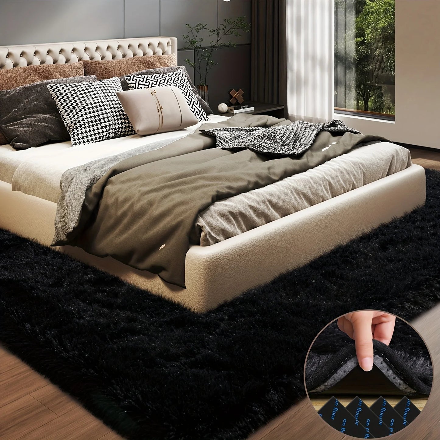 Plush Geometric Aubusson Rug 100 Percent Polyester Black