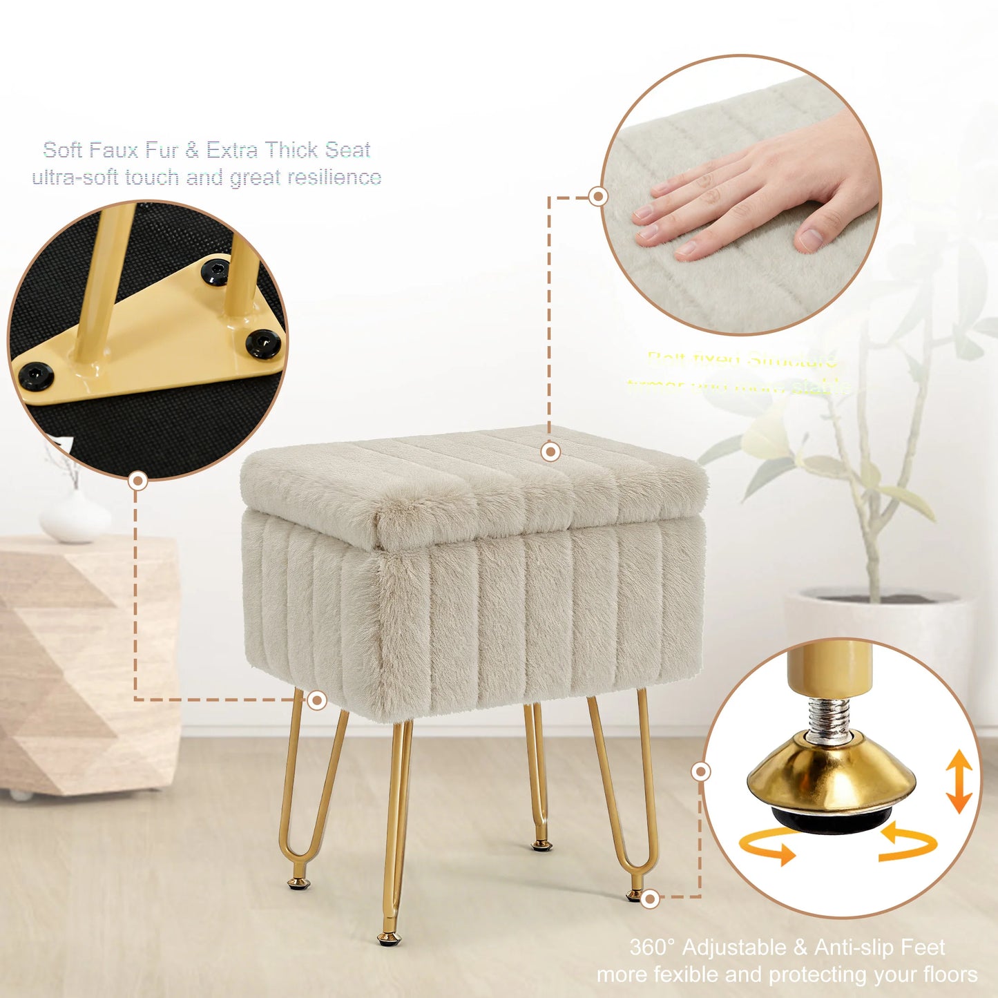 JHK Faux Fur Vanity Stool With Storage Ottoman