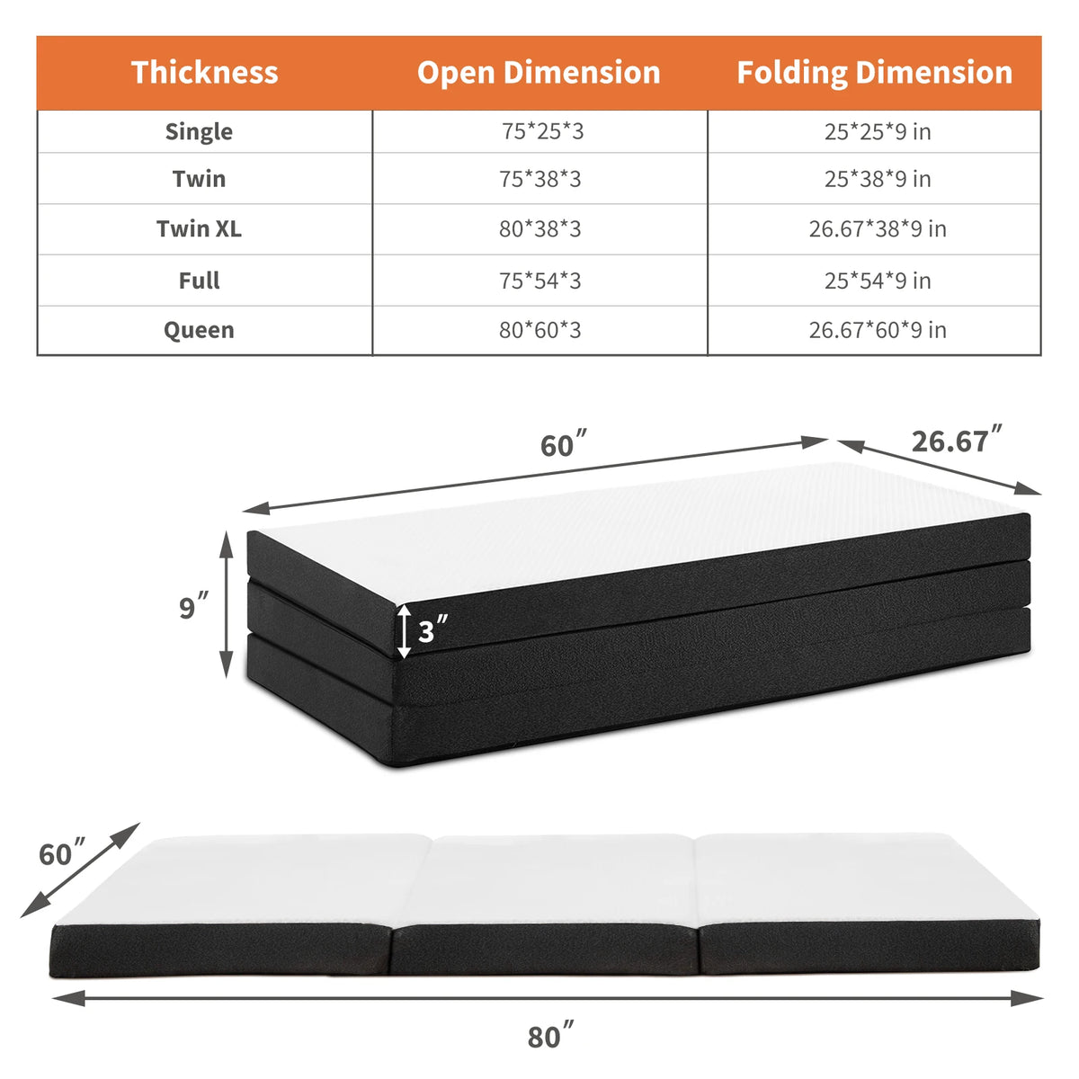 JHK Three Fold Portable Floor Bed With Memory Foam
