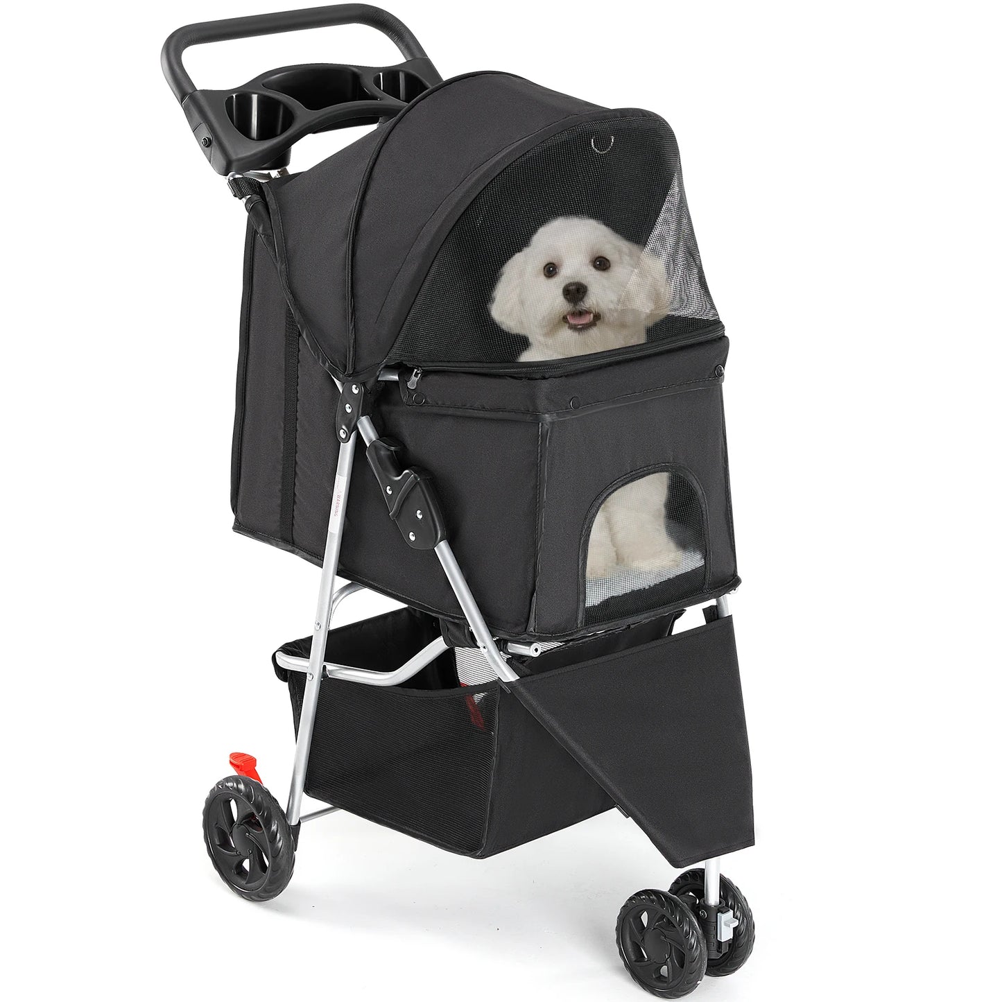 3 Wheel Foldable Pet Stroller With Mesh Windows Cup Holder