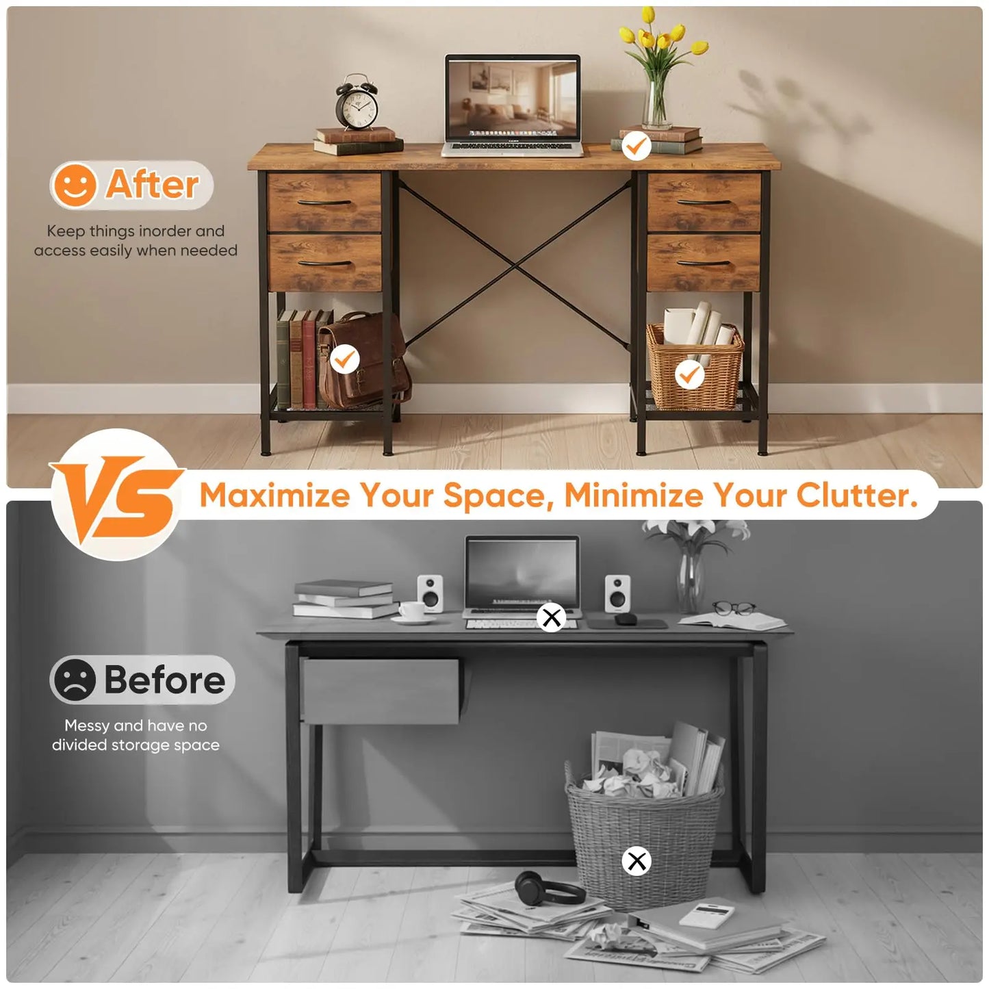 JHK Computer Desk With 4 Drawers And Mesh Shelf