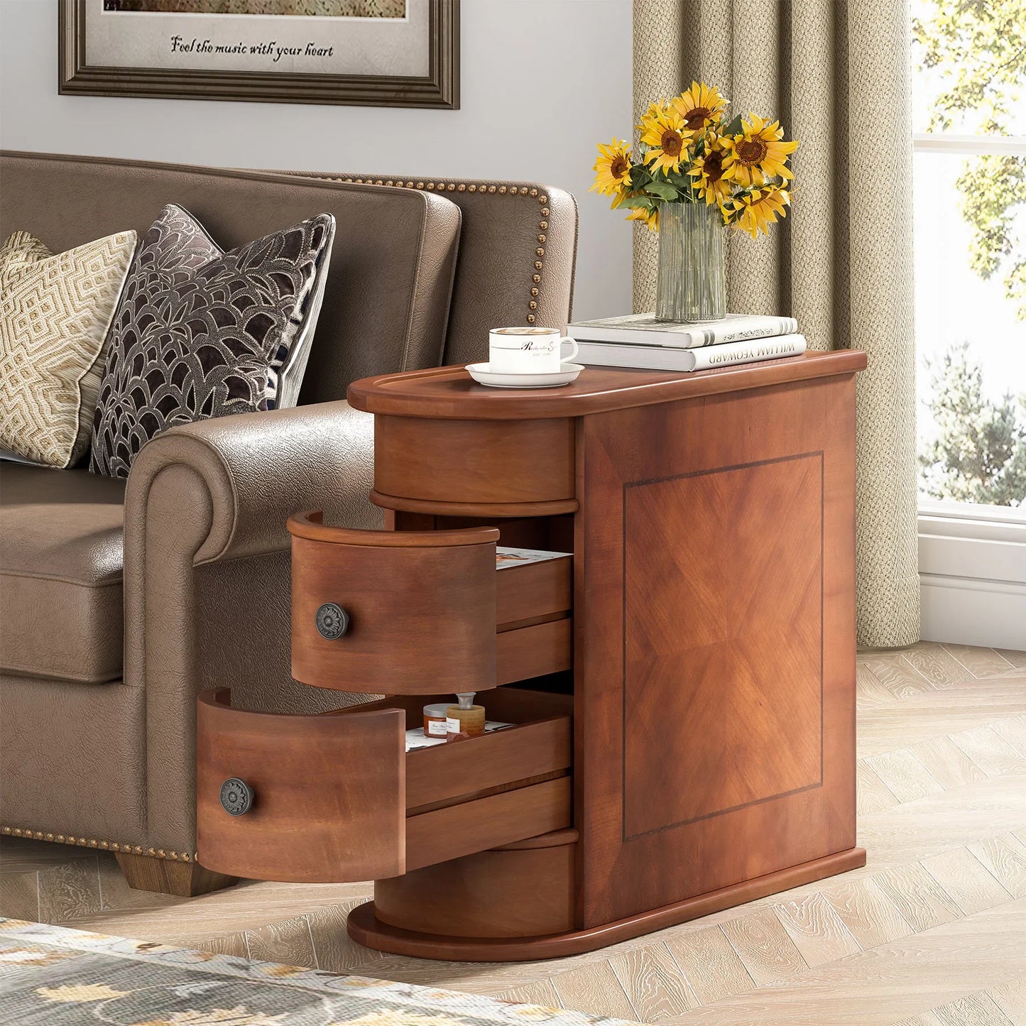 Tribesigns End Table Round Solid Wood Nightstand With Drawer