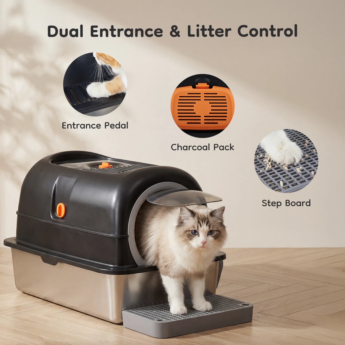 Stainless Steel Fully Enclosed Cat Litter Box For Large Cats