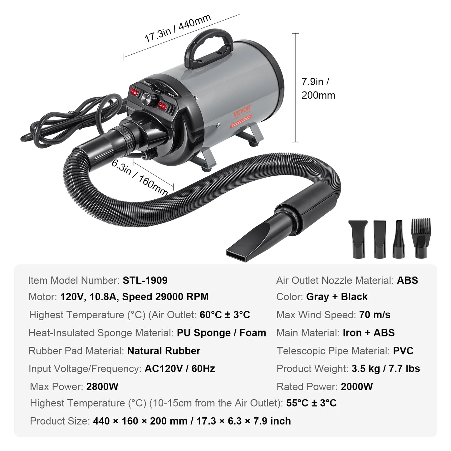 SucceBuy 2000W Dog Blow Dryer With Adjustable Speed And Hose