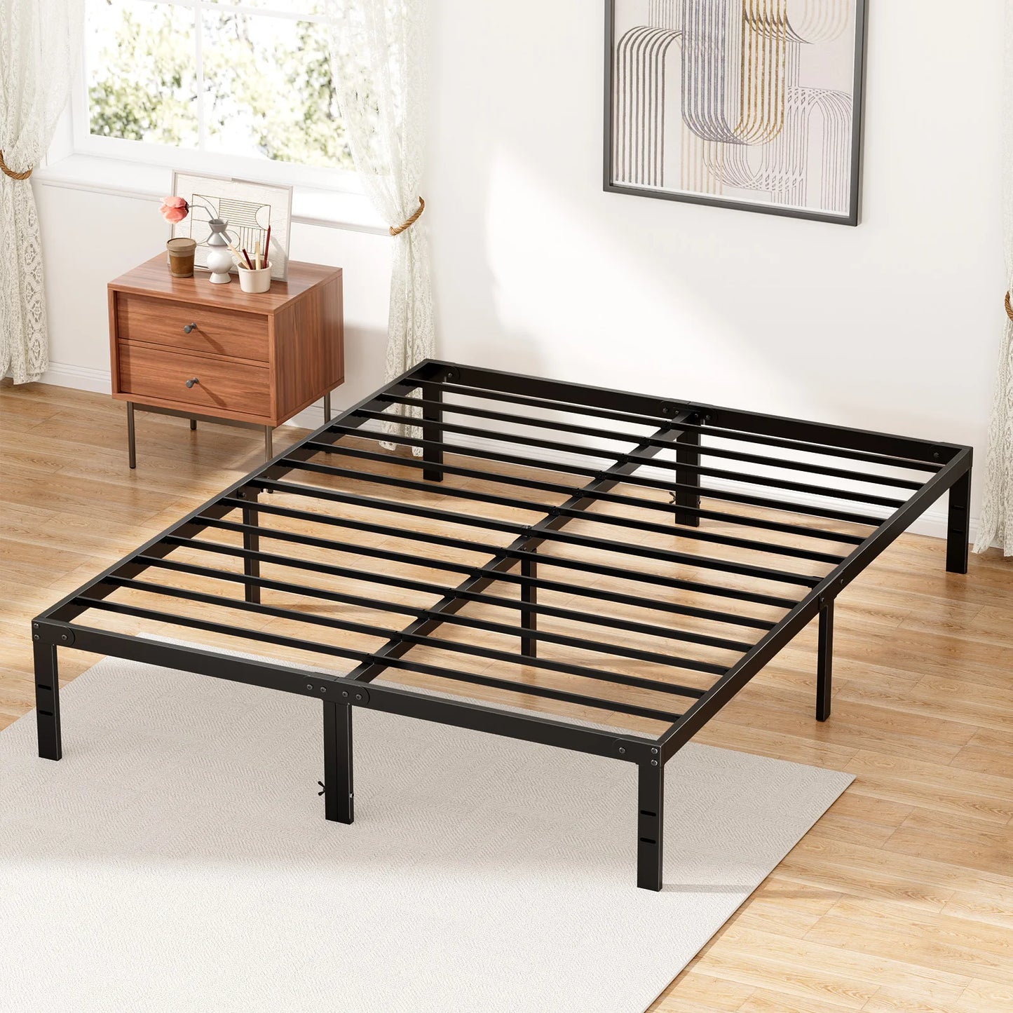 JHK Sturdy Metal Platform Bed Frame With Steel Slats