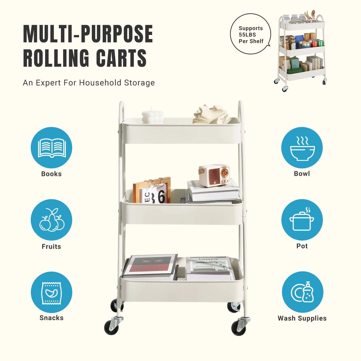 JHK 3 Tier Metal Kitchen Cart With Lockable Wheels