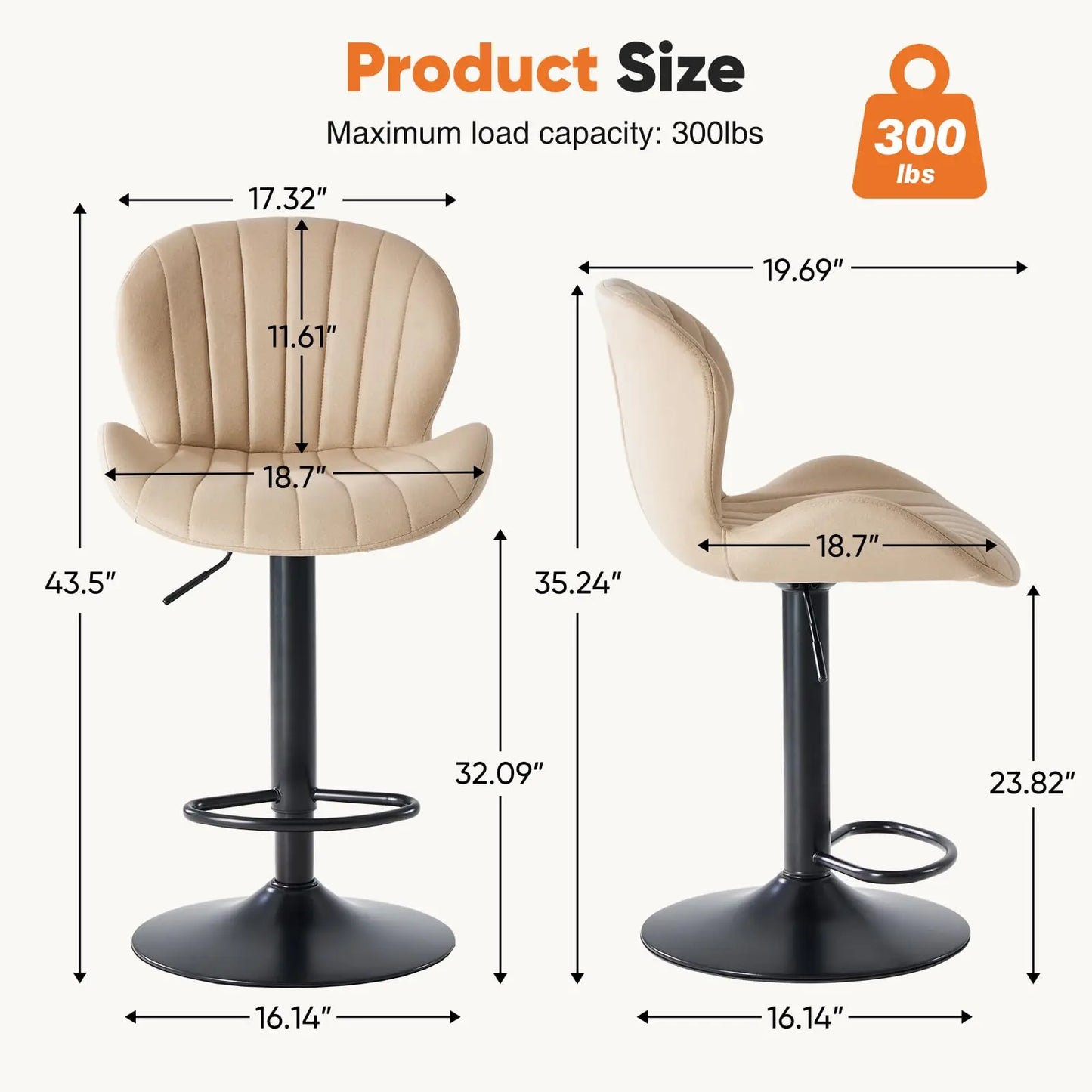 JHK Set of 2 Modern Adjustable Fabric Swivel Dining Chairs
