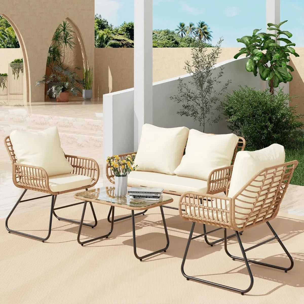 4-Piece Wicker Outdoor Patio Furniture Set with Cushions & Tempered Glass Table, All-Weather Rattan Bistro Set with Loveseat