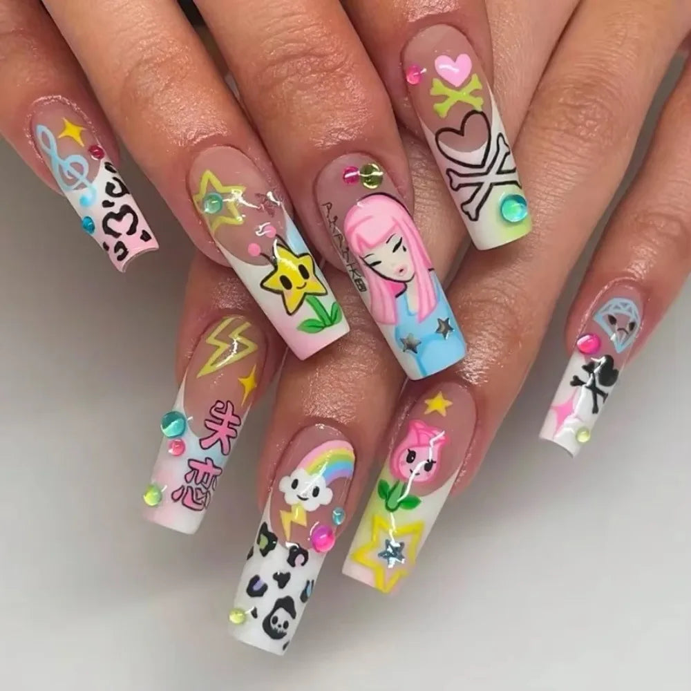 Japanese Cartoon Girl Reusable Press On Nails for Daily Wear