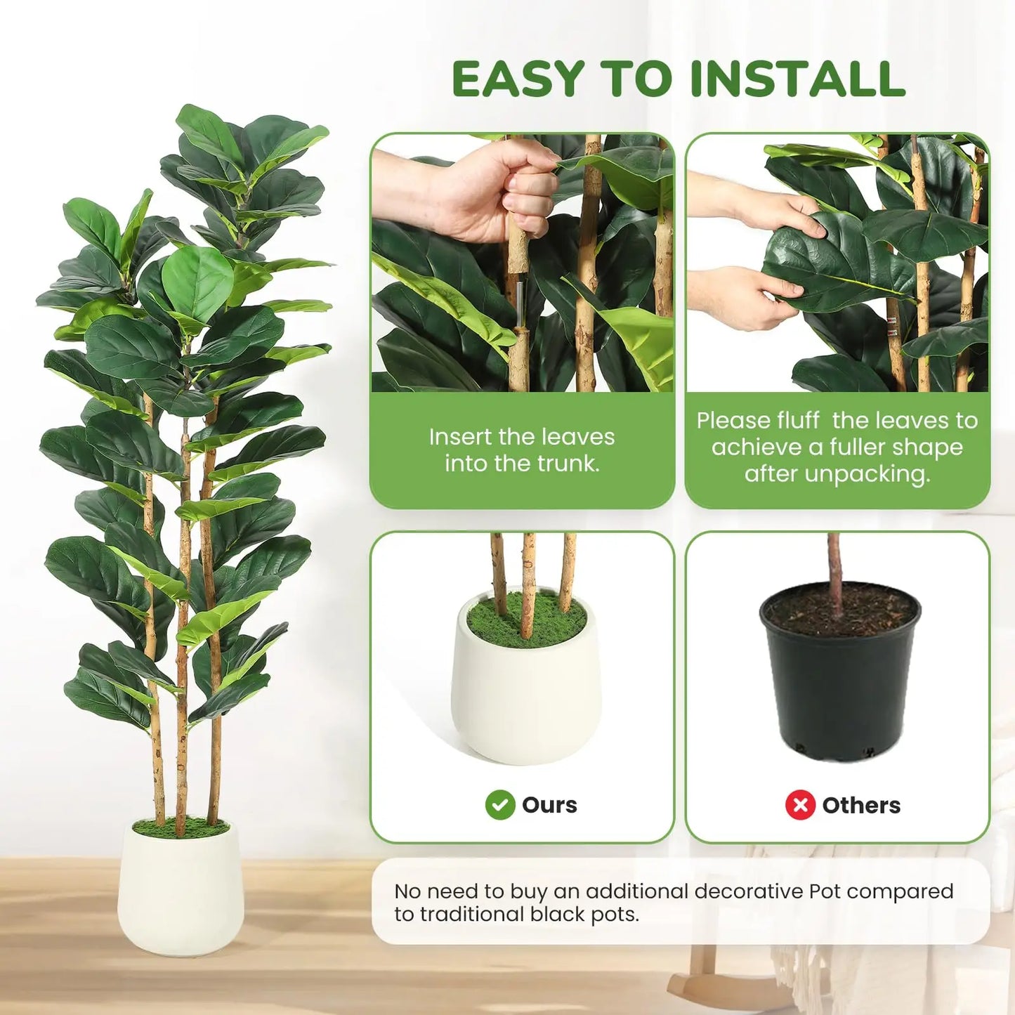Artificial Fiddle Leaf Fig Tree In White Planter