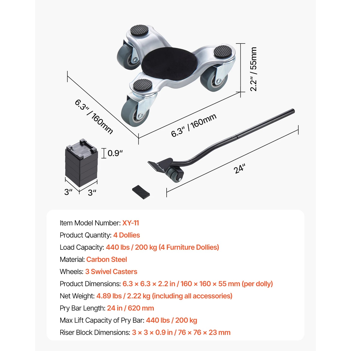 SucceBuy 4pcs Furniture Dolly Movers with Triangle Swivel Caster & 3 Wheels Fridge Lift Mover Tool Set for Home Appliances Sofa