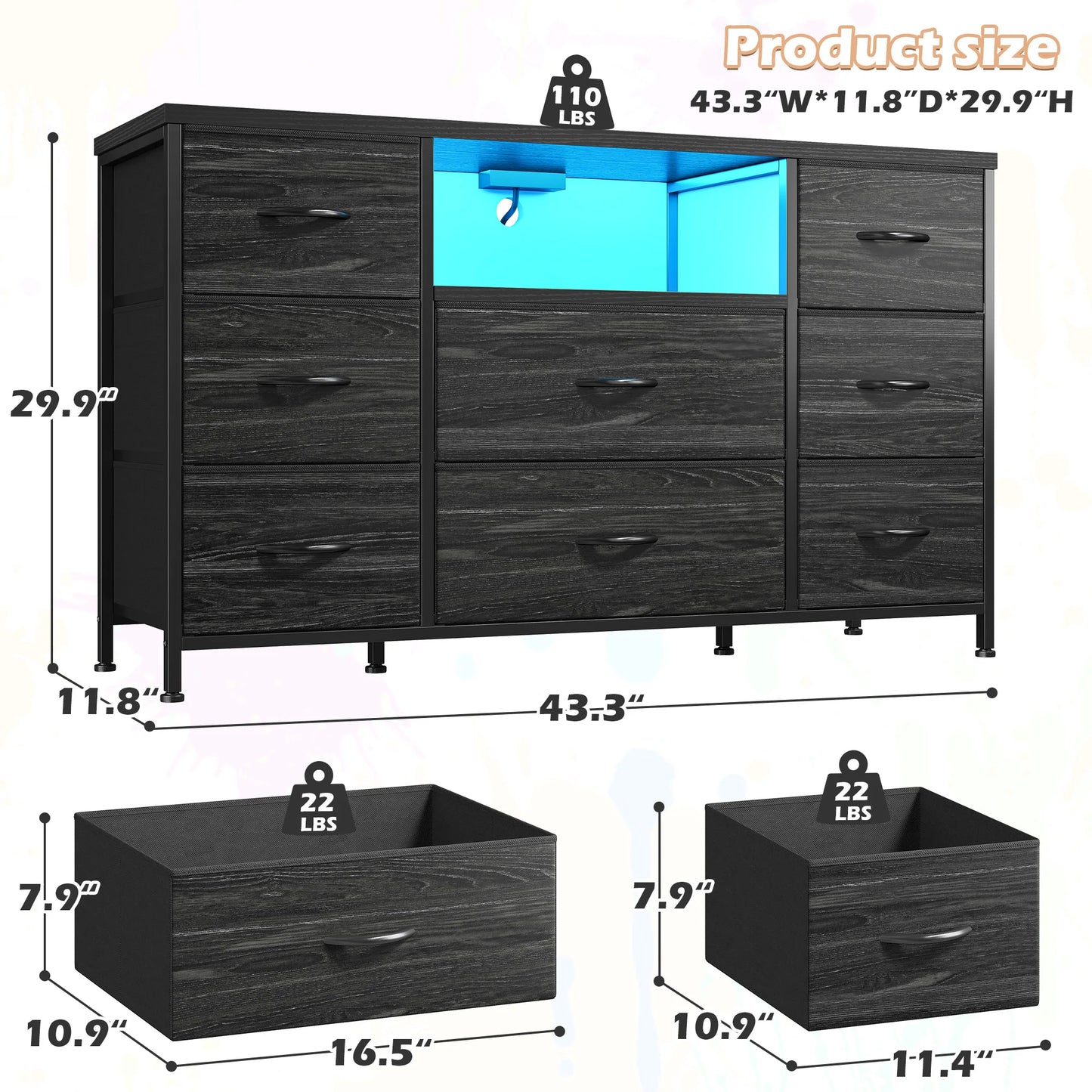 LED Lighting 8-Drawer Media Dresser With Charging