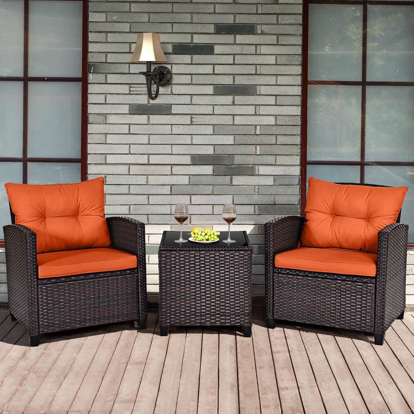 HOMASIS 3 Piece Patio Rattan Cushioned Conversation Set