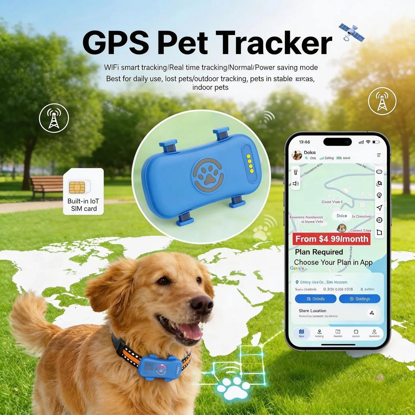 Wanwaytech 4G GPS Pet Tracker For Dogs And Cats Waterproof