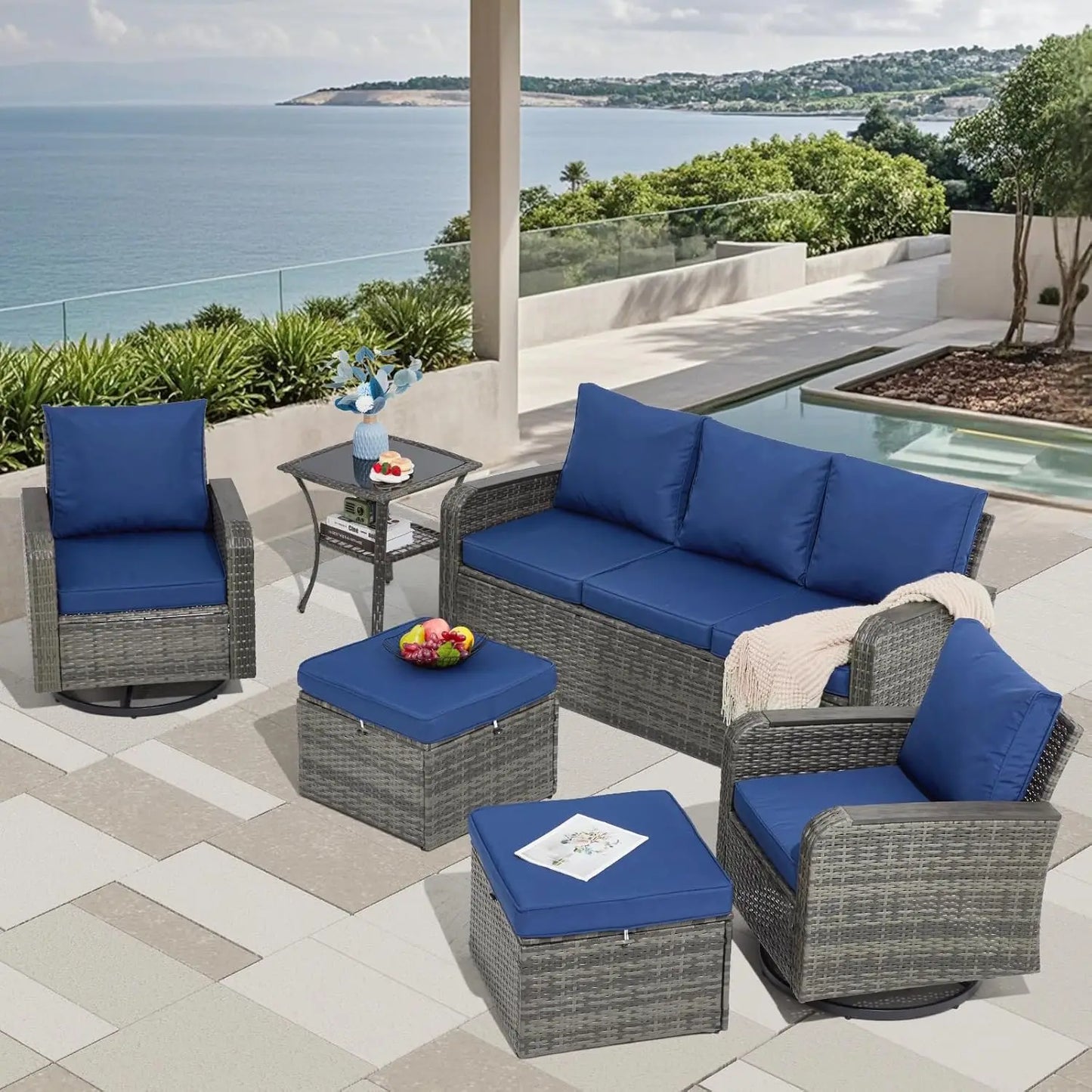 6 Piece PE Rattan Patio Furniture Set Sectional Sofa