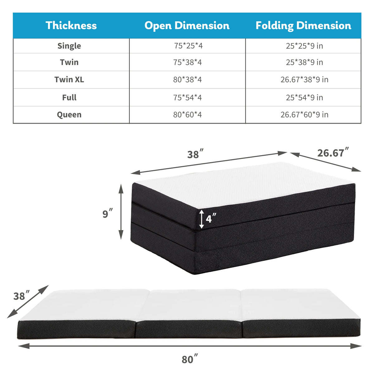 JHK Three Fold Portable Floor Bed With Memory Foam