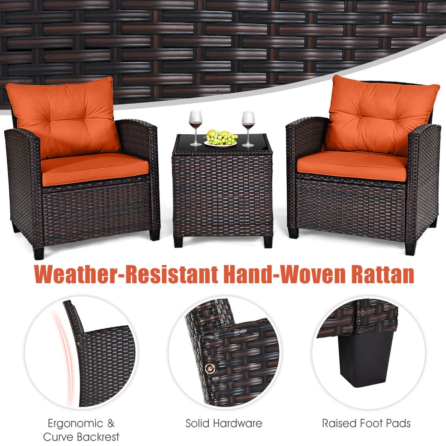 HOMASIS 3 Piece Patio Rattan Cushioned Conversation Set