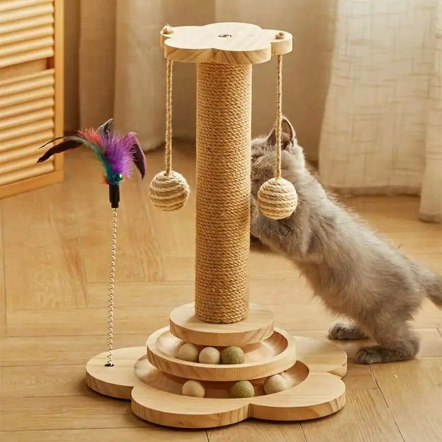 Wood Cat Scratching Post And Interactive Activity Center