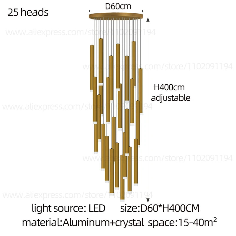 Campeggi Led Luxury Staircase Chandelier Gold Column