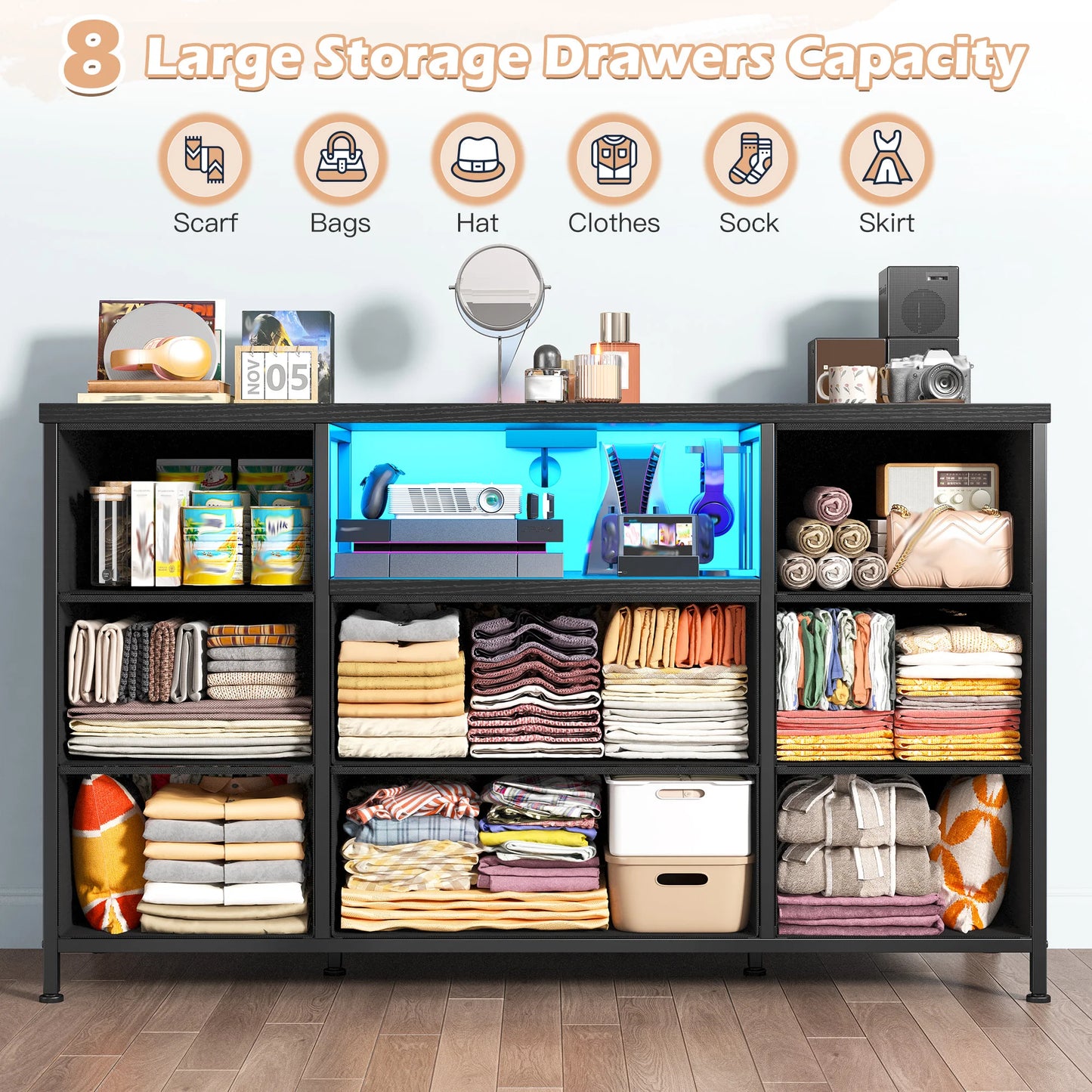 LED Lighting 8-Drawer Media Dresser With Charging