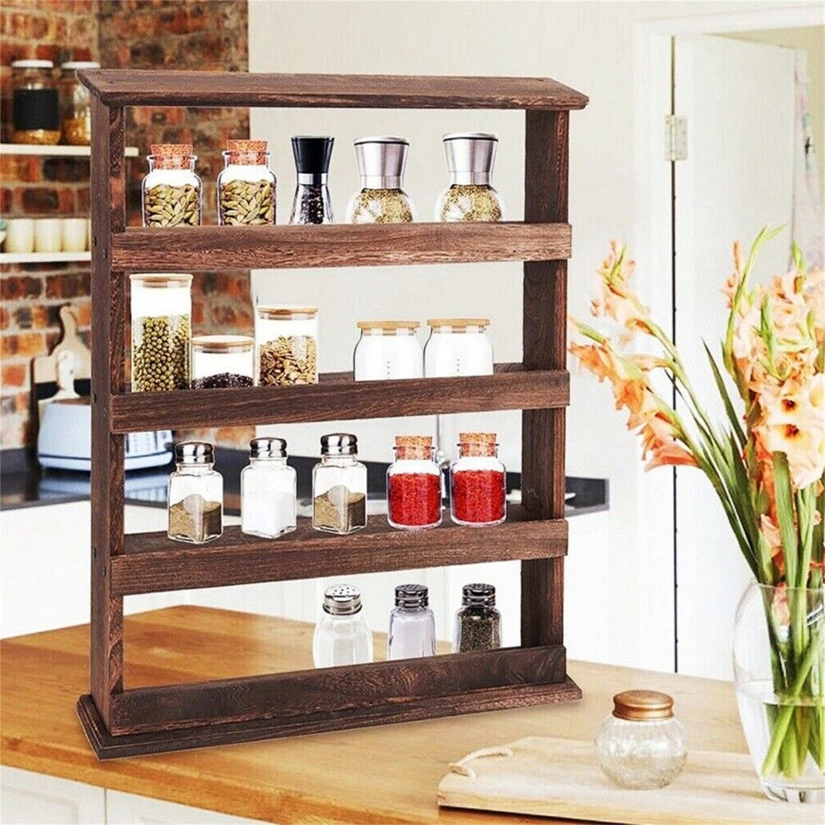 Bamboo Rustic Torched 4-Tier Wall Mount Spice Rack