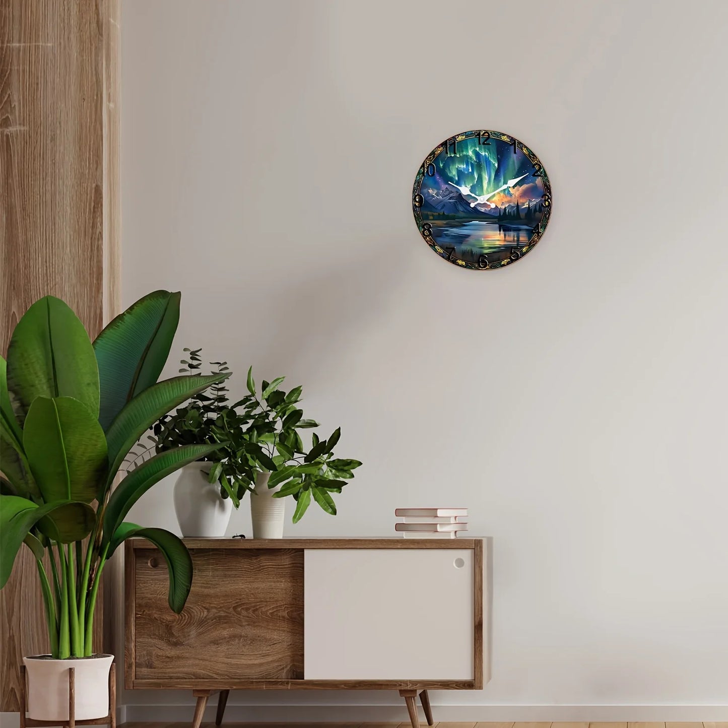 XMSJ Wooden Snow Mountain Aurora Wall Clock Silent Analog