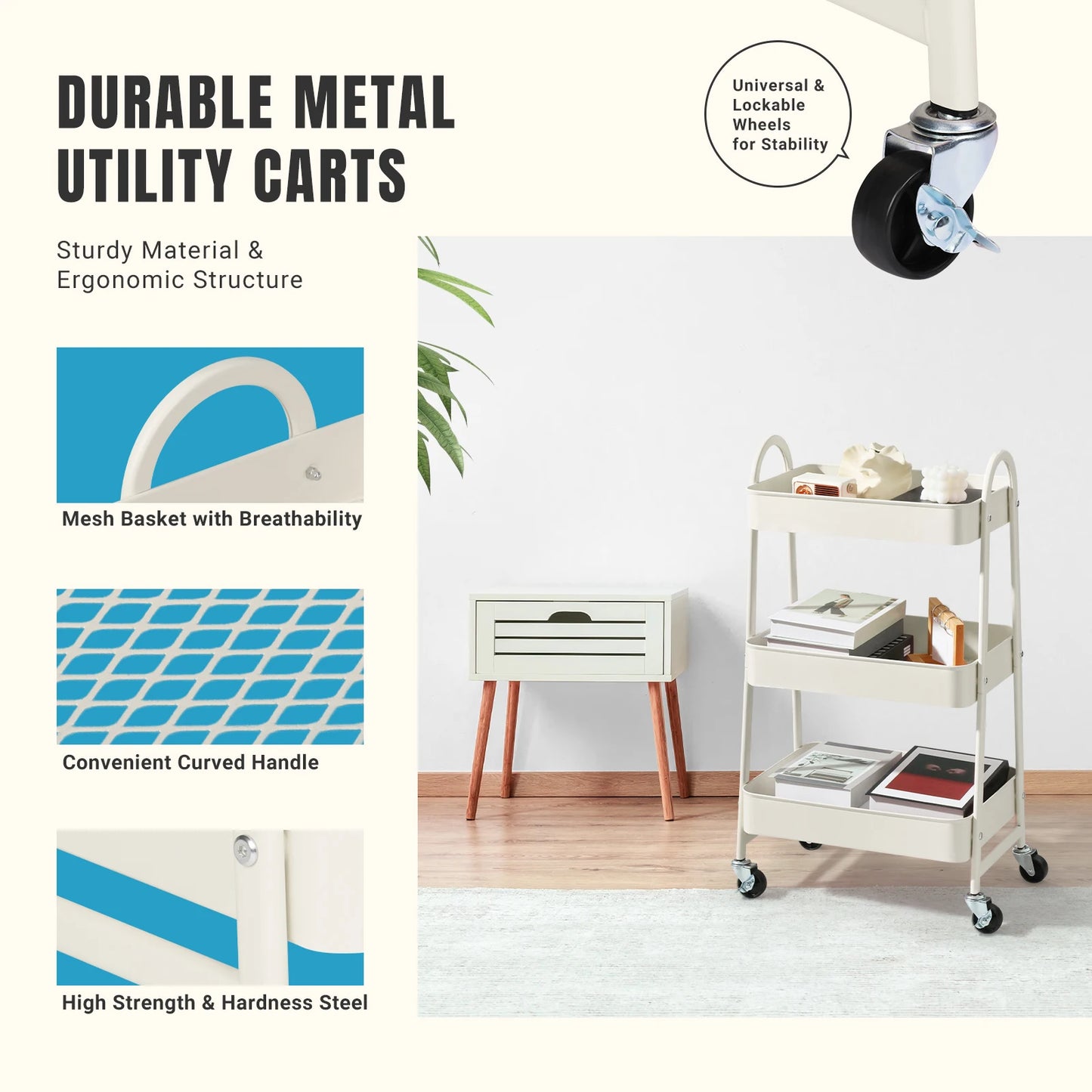 JHK 3 Tier Metal Kitchen Cart With Lockable Wheels