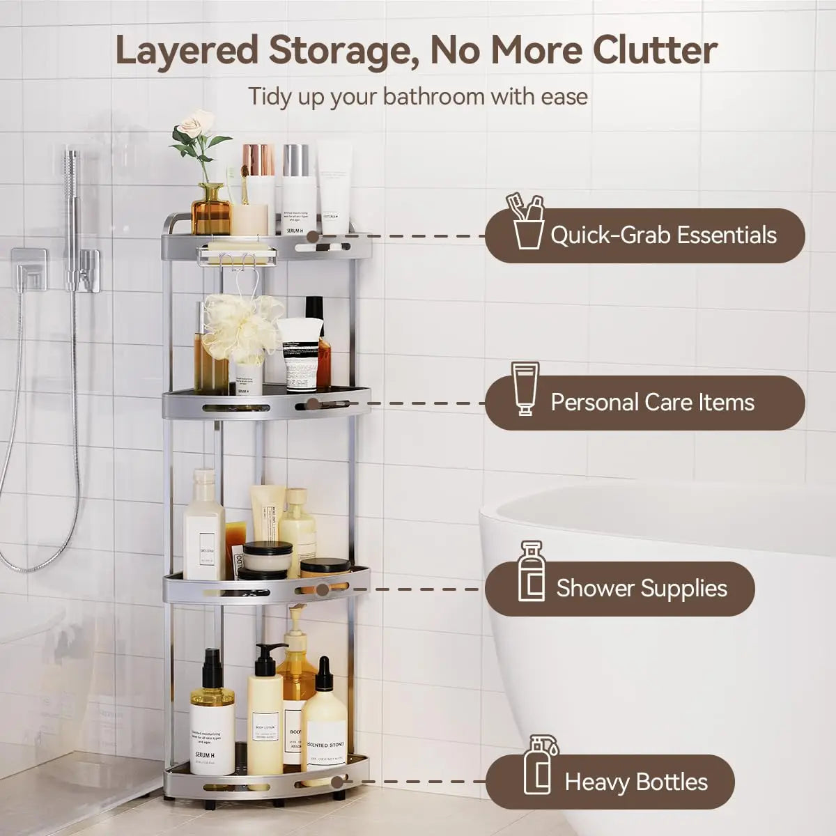 Feature Rust-Resistant Three-Tier Corner Shower Organizer