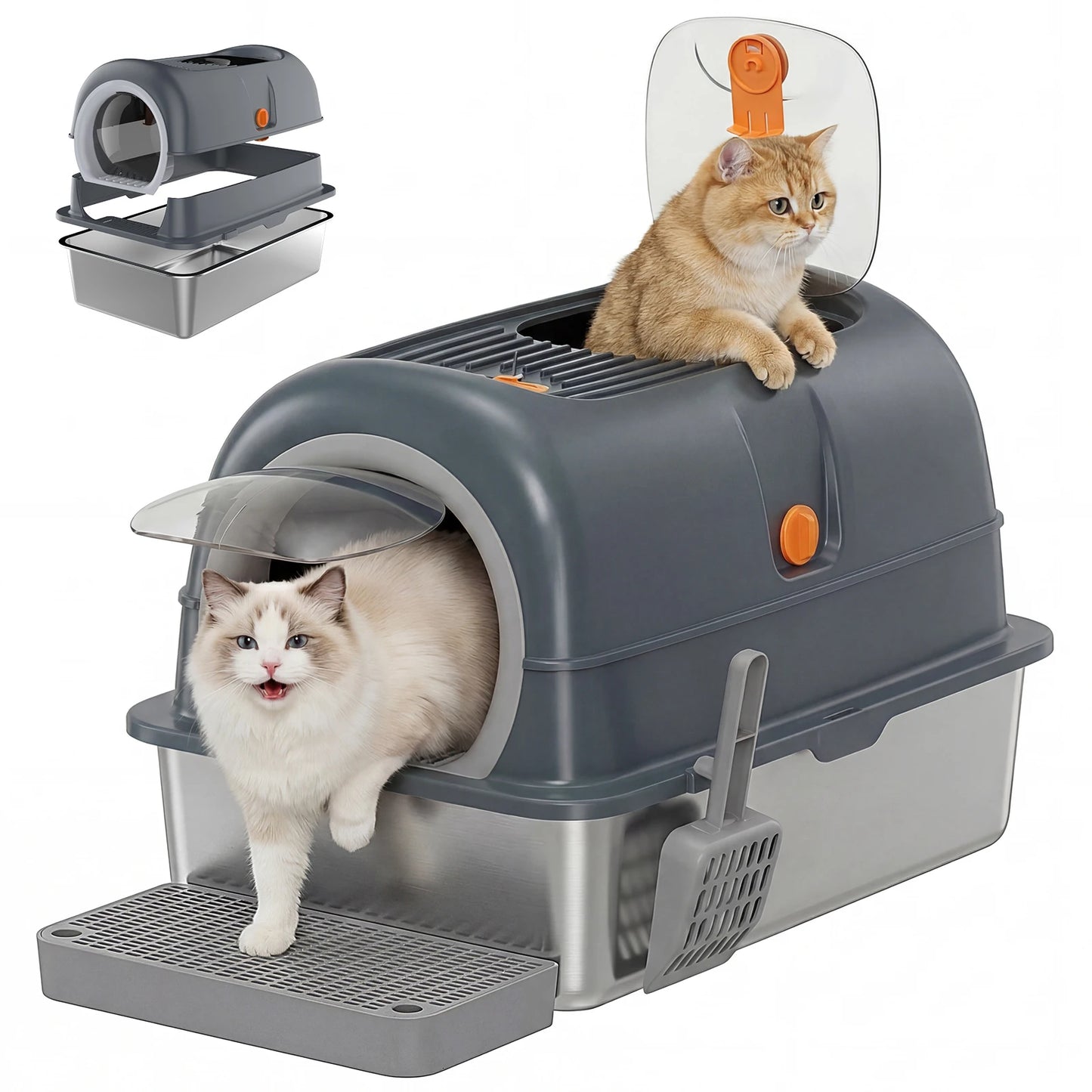 Stainless Steel Fully Enclosed Cat Litter Box For Large Cats