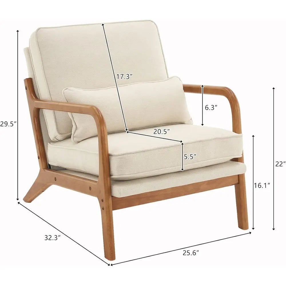 Set Of Two Beige Accent Chairs With Linen Upholstery And Wooden Arms