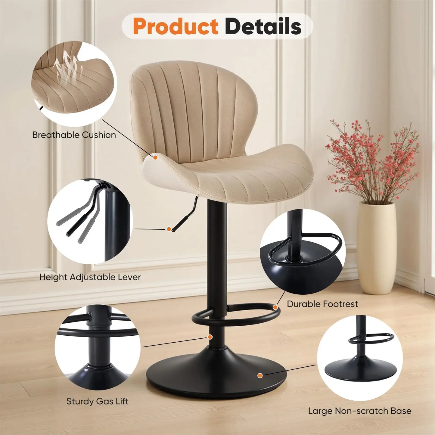 JHK Set of 2 Modern Adjustable Fabric Swivel Dining Chairs