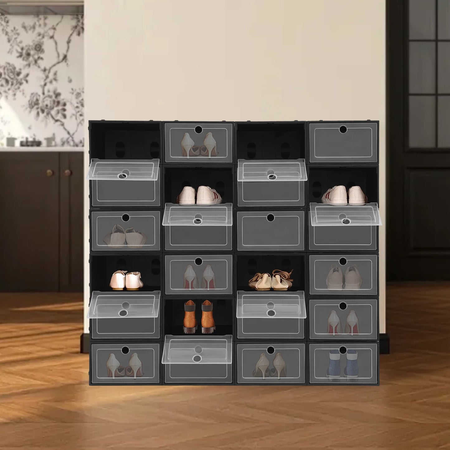 24 Pack Flip Top Shoe Boxes Stackable Closet Organization