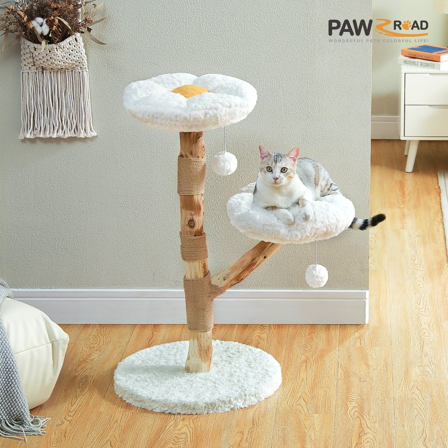 PAWZ Road Modern Cat Tree Tower With Natural Wood Scratching