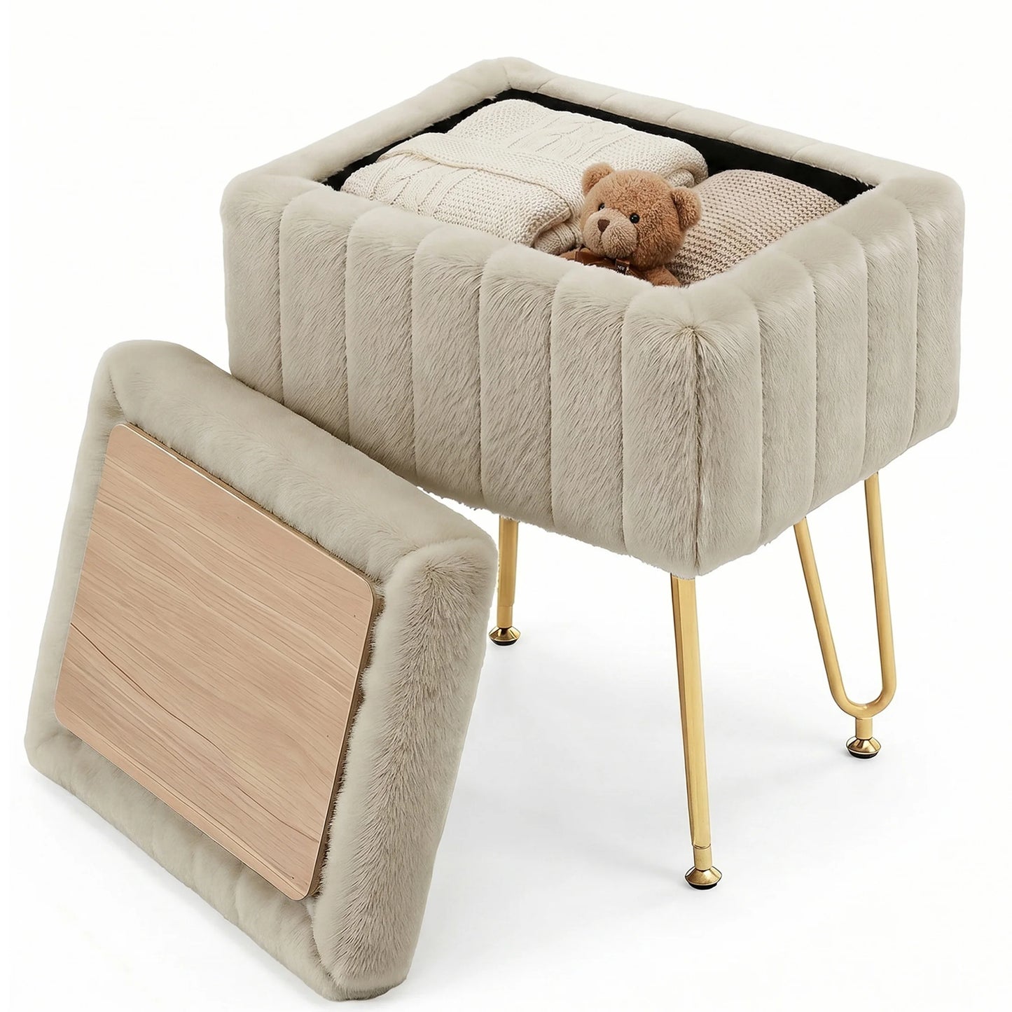 JHK Faux Fur Vanity Stool With Storage Ottoman