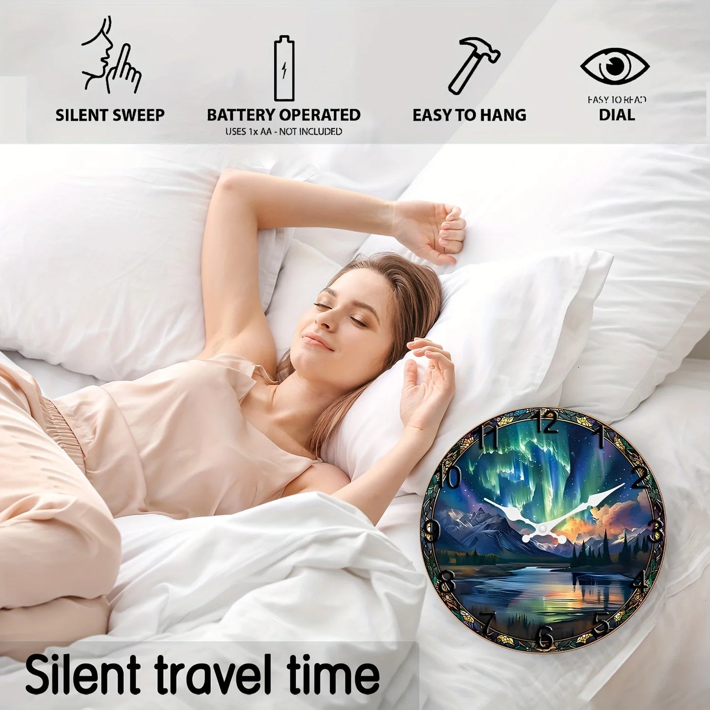 XMSJ Wooden Snow Mountain Aurora Wall Clock Silent Analog