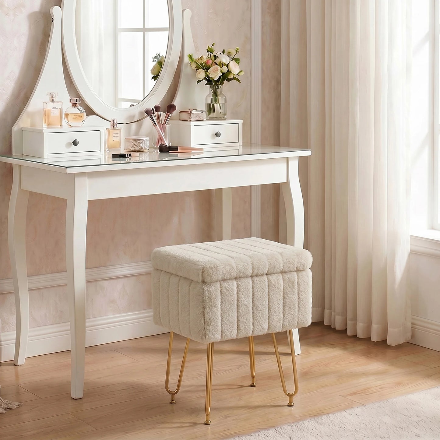 JHK Faux Fur Vanity Stool With Storage Ottoman