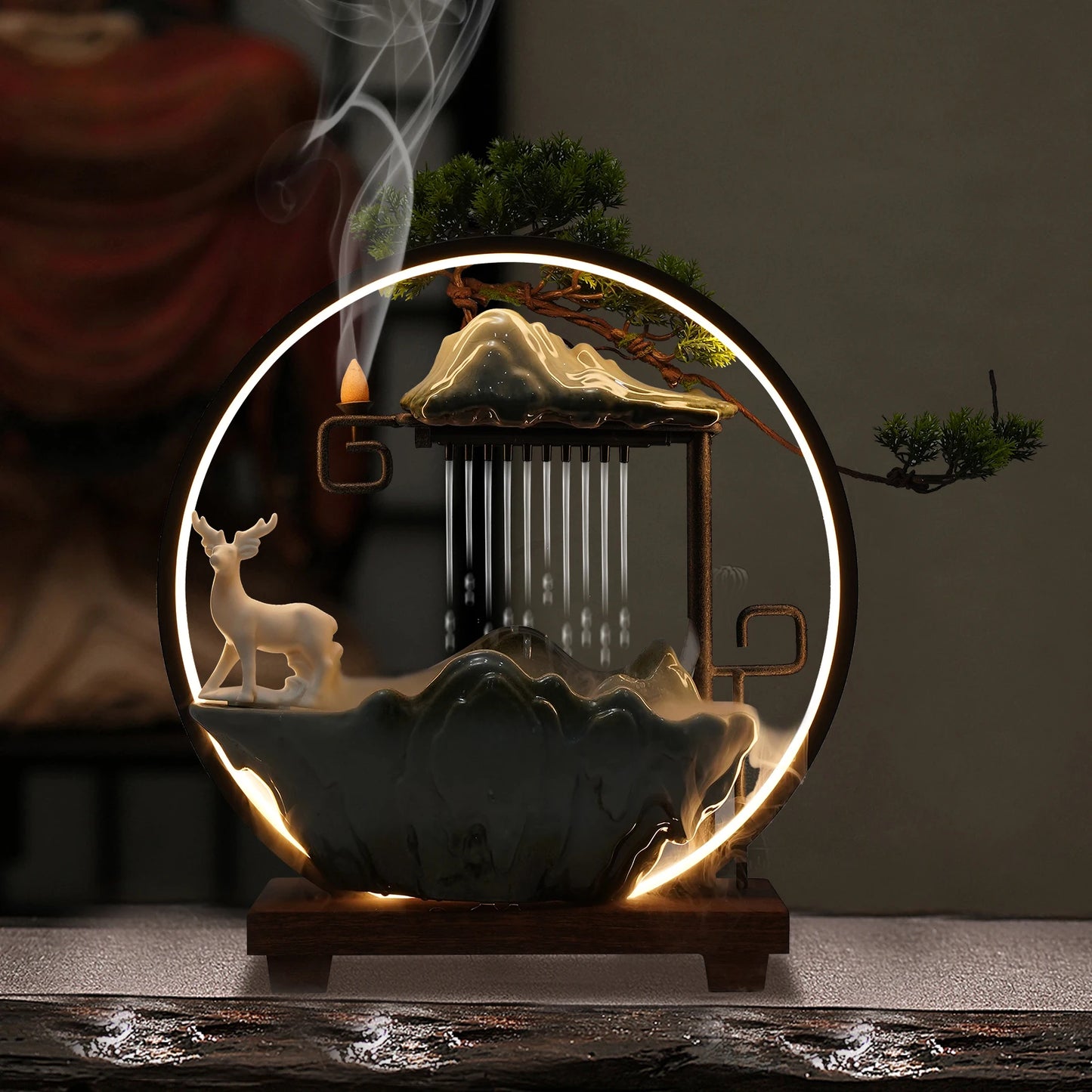 Ceramic Tabletop Fountain With Mist LED Deer Figurine