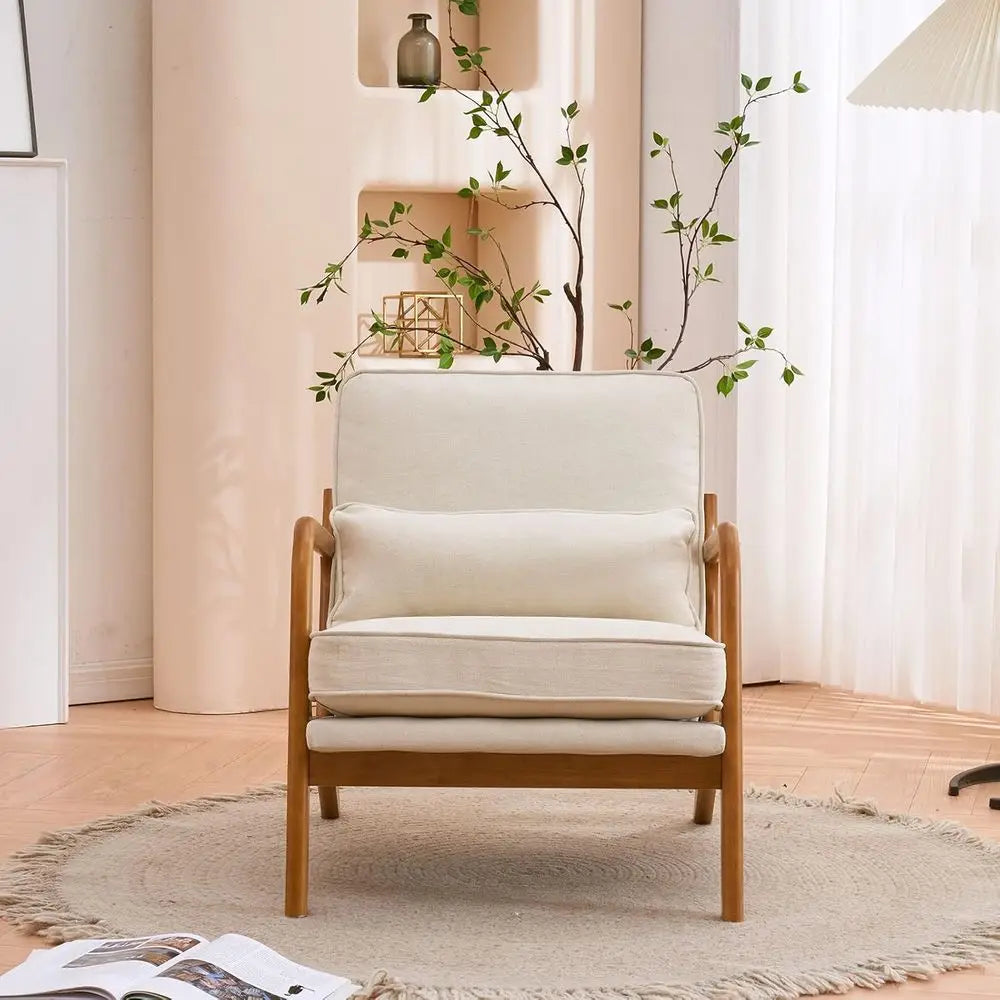 Set Of Two Beige Accent Chairs With Linen Upholstery And Wooden Arms