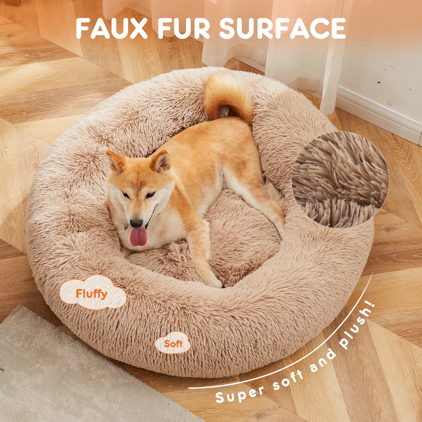 JHK Calming Dog Bed Anti Slip Washable Plush Faux Fur