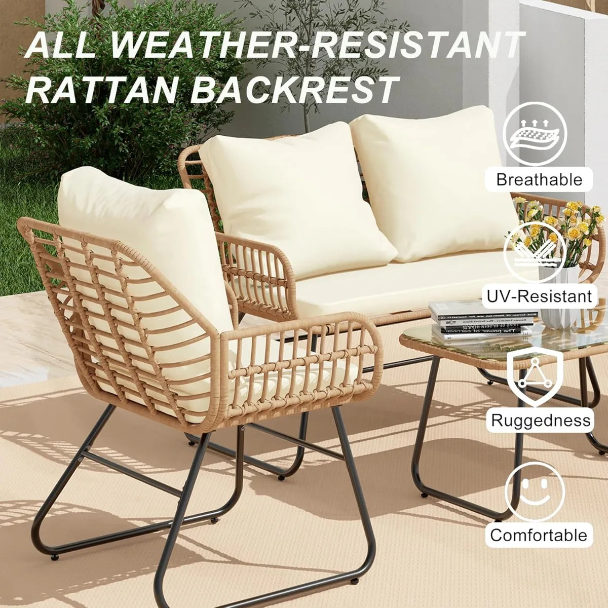 4-Piece Wicker Outdoor Patio Furniture Set with Cushions & Tempered Glass Table, All-Weather Rattan Bistro Set with Loveseat