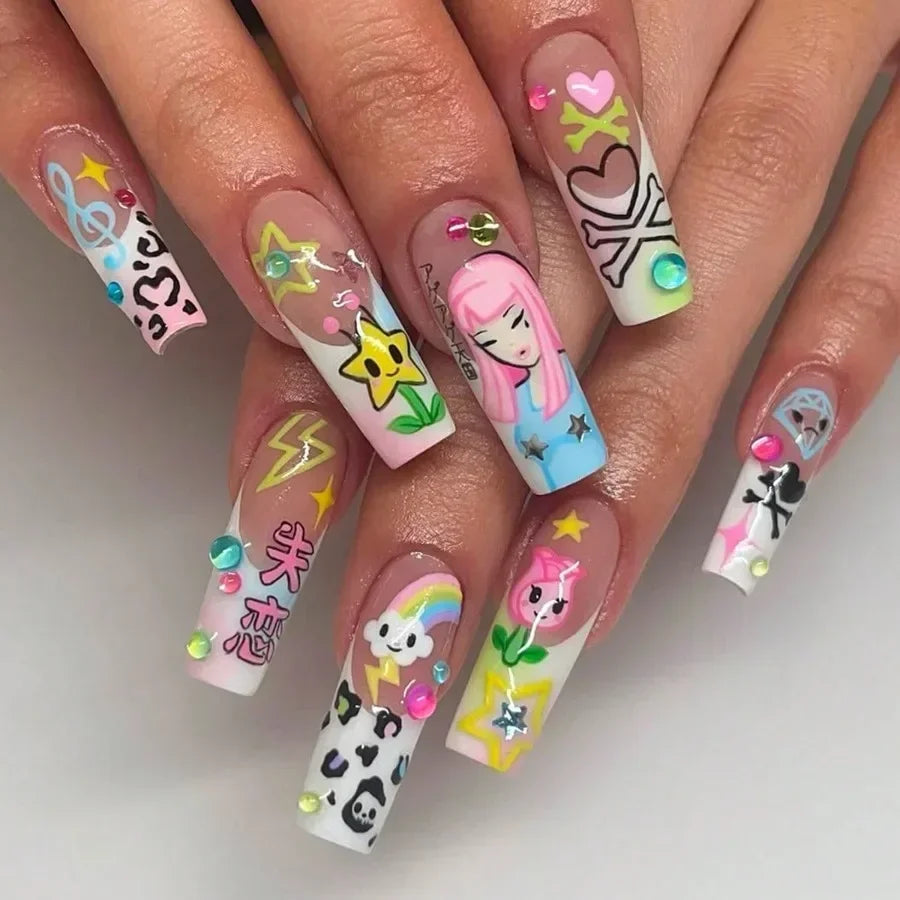 Japanese Cartoon Girl Reusable Press On Nails for Daily Wear